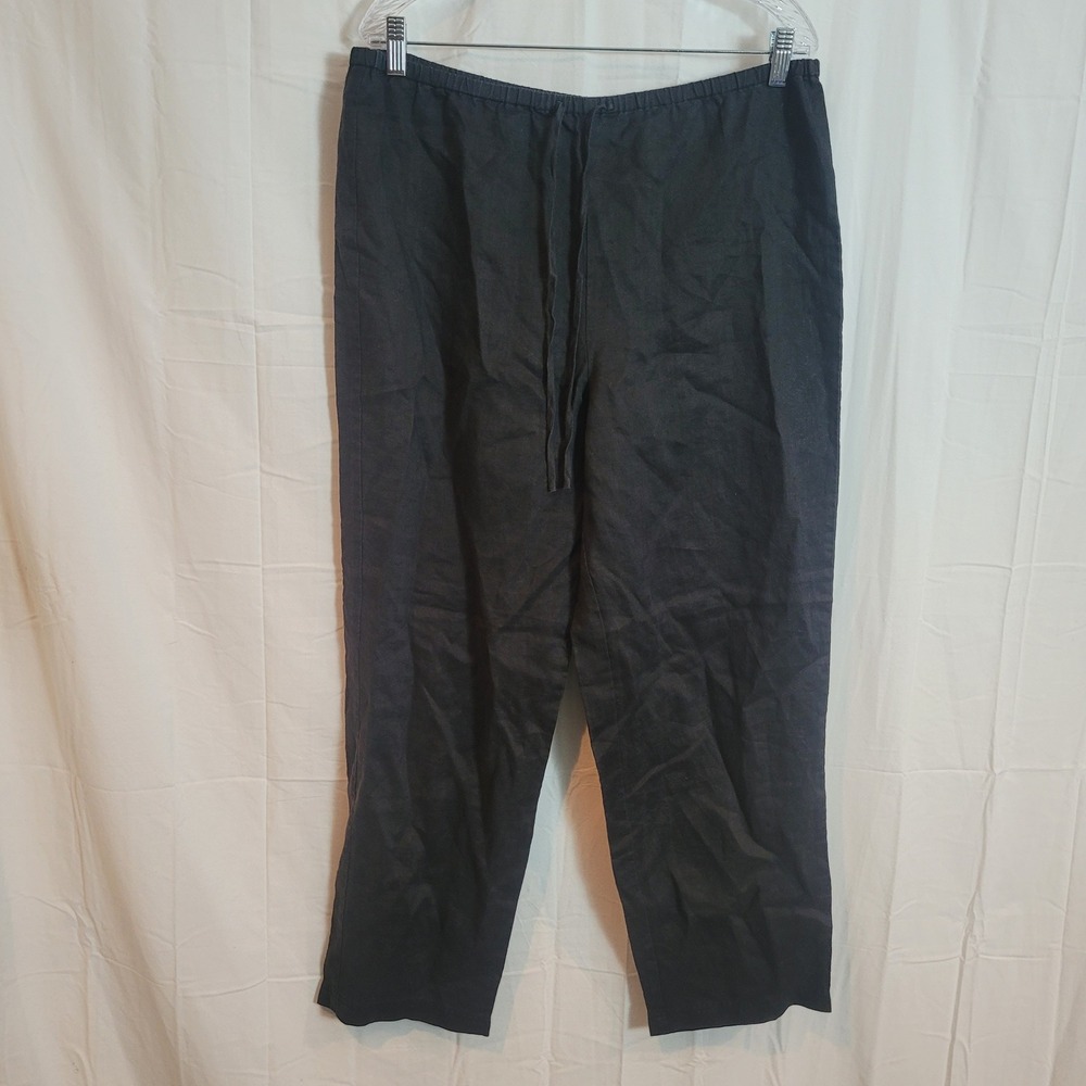 Toto n Ko Women Black Linen Drawstring Tie Waist Straight Leg Pants Large Resort